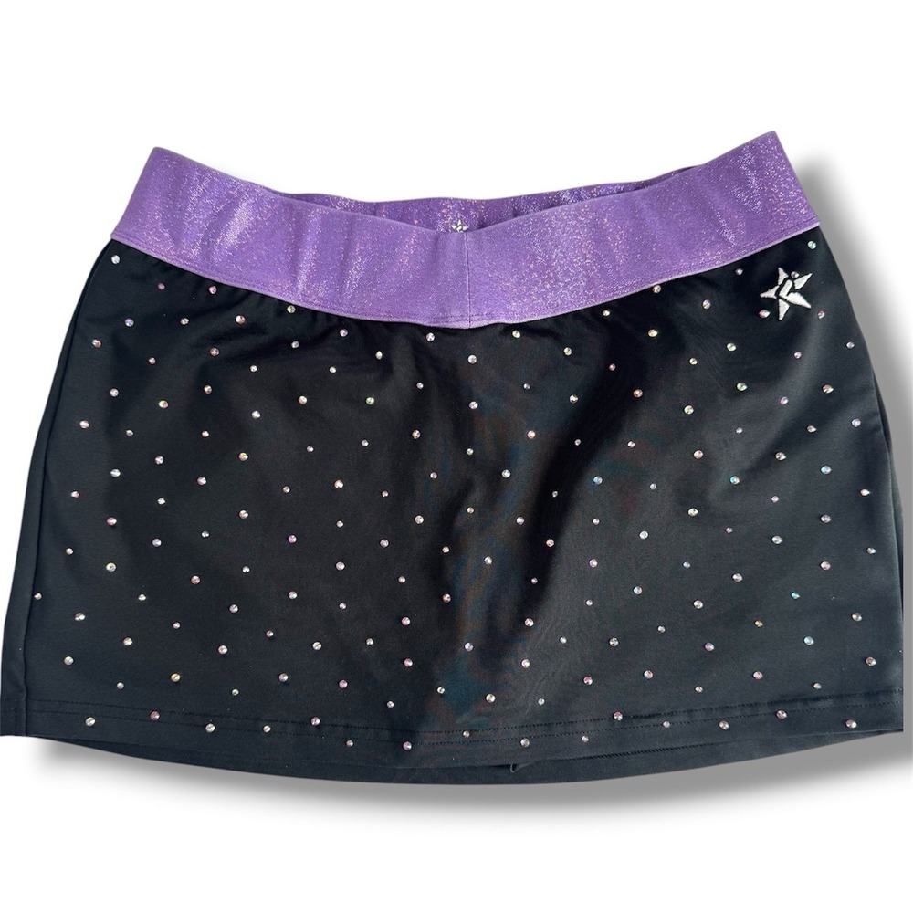 Rebel Athletic Black Rhinestone Cheer Skirt Purple Waistband Built In Shorts AM